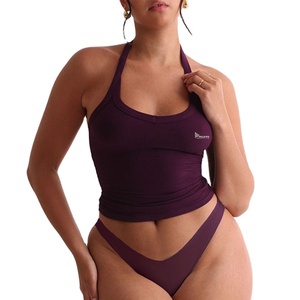 Conjunto de traje de baño tankini con cuello halter para mujer, nailon y spandex, sujetador incorporado, elástico, de secado rápido, conjunto de bikini de dos piezas para playa - Product Image 3