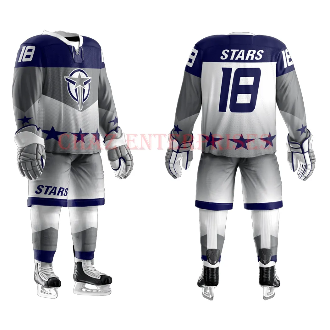 Impression par sublimation vêtements de hockey sur glace kit d'uniforme tissu personnalisé glace vierge sport complet entraînement de hockey pratique maillot coquille shorts