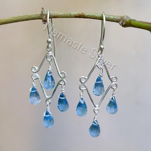 Boucles d'oreilles pendantes en argent sterling 925 avec topaze bleue, perles naturelles en forme de larme, bijoux faits à la main, matériau principal en or, cadeau pour elle - Product Image 2
