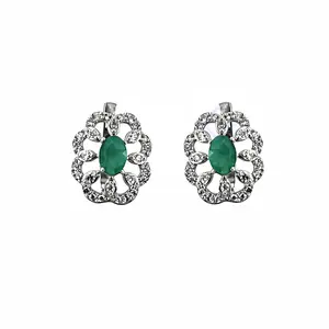 "Floral Arrow-Shape <b>Stud</b> <b>Earrings</b> in 18k Yellow Gold with <b>Emerald</b> Cut Diamonds for Women" - Product Image 1