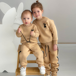 Kids Beige Winter Tracksuit Sweatshirt Matching Jogger Pants <b>Toddler</b> Boys Girls Two Piece Set Soft Cotton Fleece Casual Outfit - Product Image 3