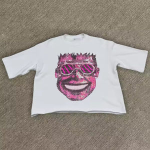 เสื้อยืดผู้ชายลายกราฟิกแบบครอปเสื้อยืดผ้าฝ้ายวินเทจผ้าคอตตอนมีรอยขาด - Product Image 1