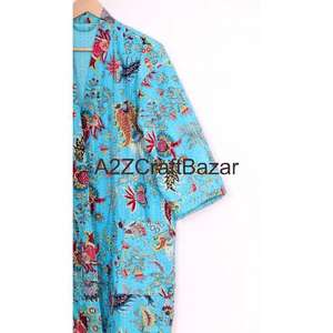 Robe kimono courte vintage faite à la main pour femmes, imprimé floral de luxe, 100% coton, col en V, manches longues, fermeture à cordon, douce - Product Image 3