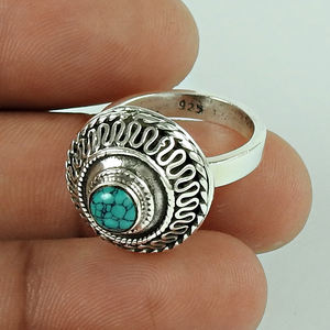 Turquoise tibétaine naturelle 925 argent Sterling oxydé forme ronde bague aspect artisan bohème bijoux faits à la main fabricant en vrac - Product Image 1