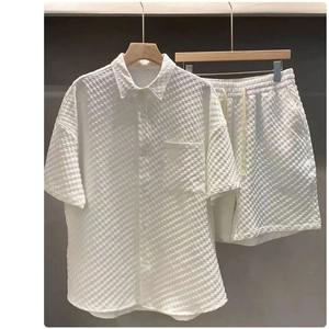 Traje Jogger de dos piezas informal de estilo británico para hombre, camisa de manga corta con estampado sólida holgado de verano + Pantalones cortos, entramado atractivo - Product Image 5