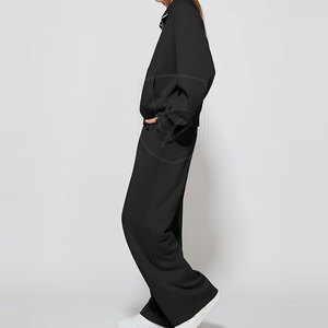 Conjunto de dos piezas para mujer, tejido acanalado, manga larga y pantalón de cintura alta con pierna ancha, ropa para estar en casa. - Product Image 2