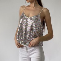 Débardeur Camisole à Paillettes pour Femme, Blouse Décontractée à Bretelles Fines Scintillantes en Polyester Tissé