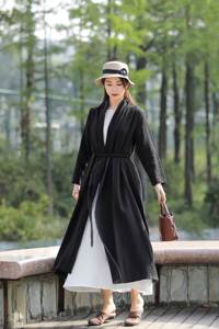 Rétro coupe ample lin coton surdimensionné robe à manches longues manteau Cardigan avec ceinture Vintage coton lin coupe-vent lin Robe - Product Image 4