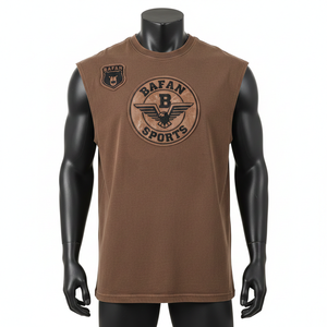 เสื้อยืดผู้ชายผ้าฝ้าย 100% ทรงหลวม พิมพ์ลาย เสื้อยืดแขนกุดโพลีเอสเตอร์พรีเมียม เนื้อผ้านุ่ม ยืดหยุ่น สีน้ำตาล พร้อมโลโก้ยาง - Product Image 1