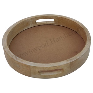 Bandeja de servicio redonda de madera de mango respetuosa con el medio ambiente, bandeja de madera decorativa y para servir con asa, precio bajo de mercado para vendedores en línea - Product Image 4