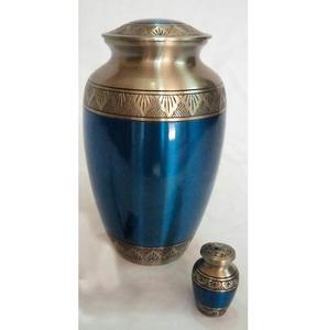 Urna Funeraria de Latón Esmaltado Azul al por Mayor, Urna Conmemorativa para Cenizas Humanas, Diseño de Latón Grabado, Urna Decorativa de Metal - Product Image 1