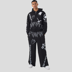 2025 New Design Tracksuit Acid Wash 100% Cotton Puff Printing Logo <b>Flared</b> <b>Trouser</b> and Zipper Hoodie For <b>Men's</b> - Product Image 4