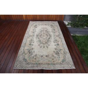 Alfombra Turca de 4.1x7.7 pies, Alfombra Vintage, Alfombra de Lana con Diseño de Plantas y Árboles en Gris Azulado - Product Image 1