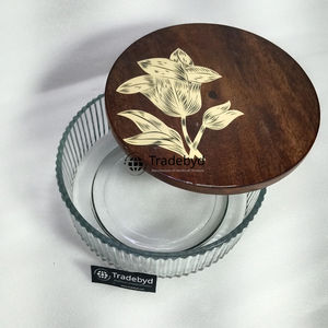 Boîte à roti en verre élégante et luxueuse Tradebyd, boîte de rangement pour chapati, casserole avec couvercle en bois, écologique pour la salle à manger et la décoration de la cuisine - Product Image 2