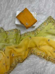 Suave secuencia crujiente bordado multihilo tradicional hermoso borde de corte de arco colección de Sari de seda de secado rápido para fiesta - Product Image 6