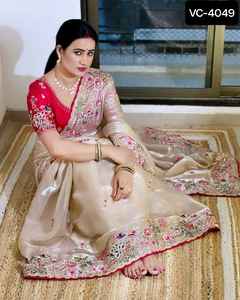 Ropa étnica india, tela pesada de Jimmi Cho, hilos de bordado múltiple, codificación y secuencia, corte elegante con borde de tubería, Sari - Product Image 5