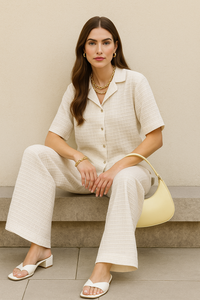 Ensemble coordonné élégant pour femmes en polyester doux avec haut à manches courtes et pantalon large disponible en tailles M L XL XXL - Product Image 4