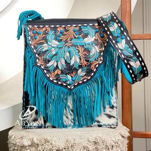 Ethnic Bohemian Vintage Women Crossbody Bag With Turquoise Tassel Hand Tooled Pearl Cowhide Leather Shoulder Handbag For Women - Product Image 1
