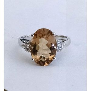 Anillo Solitario de Cuarzo Whisky Natural y Topacio Blanco para Mujer, Plata de Ley 925, para Compromiso, Shah Gems - Product Image 1