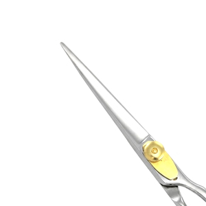 Ciseaux de coiffure professionnels en acier inoxydable, lame rasoir, ciseaux de barbier, poignée inclinée, vis dorée, OEM Pakistan - Product Image 6