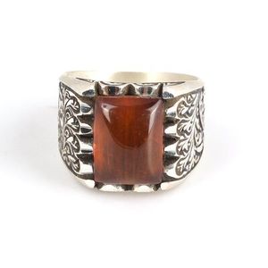 Bague pour homme en argent sterling 925 avec pierre d'ambre orange compressée, gravée à la main, sertie en clos rectangulaire, rhodiée, pour usage quotidien - Product Image 4
