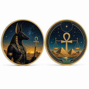 Moneta Rotonda in Metallo Dorato Personalizzata con Anubis, Dio Egizio, a Doppia Faccia, con Ankh, Scala e Piramide, Regalo Ispirato al Mito Antico - Product Image 1