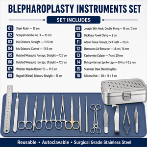 Juego de 16 Instrumentos Manuales para Blefaroplastia, Reutilizables, de Acero Inoxidable, para Cirugía de Párpados, Instrumentos Quirúrgicos Oftálmicos y Plásticos - Product Image 6