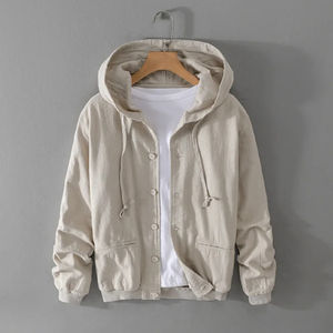 <b>Men's</b> Thin Canvas Linen Light Luxury <b>Casual</b> Hooded Varsity <b>Jacket</b> with Single Button Closure Pure Color Front Logo for Spring - Product Image 5