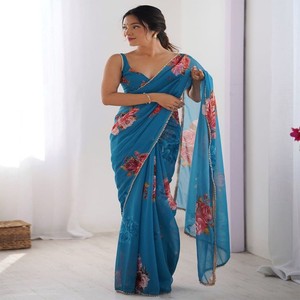 Saree élégant en soie Georgette imprimé avec bordure en dentelle Moti de qualité supérieure comprenant un chemisier en soie Georgette non cousu assorti - Product Image 3