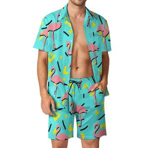 Ensemble deux pièces décontracté pour homme, chemise à manches courtes et short en tissu éponge à séchage rapide, idéal pour la plage, les vacances et les loisirs, personnalisable - Product Image 2