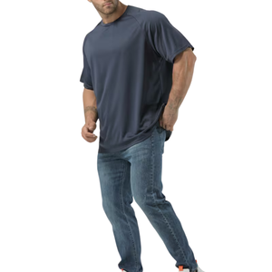T-shirt ample bleu foncé pour homme, t-shirt sportif uni à col rond et manches raglan, design personnalisé, polyester et coton, vente en gros - Product Image 1