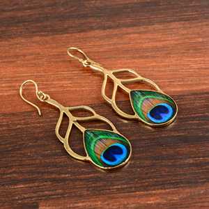 fashion new 18k <b>Gold</b> Plated Peacock Feather <b>Dangle</b> <b>Earring</b> Nature Inspired Brass Feather Vintage <b>Earring</b> Wholesale Drop <b>Earring</b> - Product Image 5