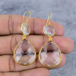 Topacio blanco redondo y forma de pera piedra preciosa 925 plata esterlina chapada en oro adjuntar pendientes de alambre pendientes de aniversario regalos para ella - Product Image 2