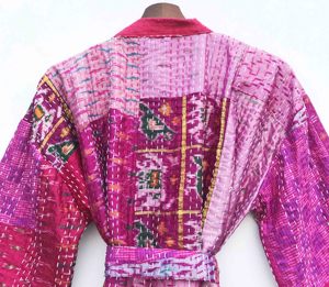 Elegante Kimono Boho de Regalo, Estilo Único, de Seda Kantha y Algodón, Largo, Reversible, con Parches, Unisex, Vestidos Casuales Hechos a Mano - Product Image 6