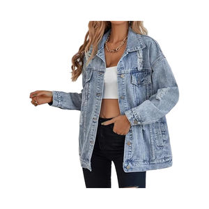 <b>Women</b> <b>Light</b> <b>Blue</b> Distressed Denim Jacket Oversized <b>Ripped</b> <b>Jean</b> Coat Frayed Hem Loose Outerwear Streetwear Casual Denim Jacket - Product Image 4