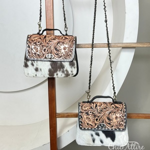 Bolso de Mano de Cuero Vacuno Auténtico con Diseño Occidental, Bolso Cruzado de Diseñador para Mujer con Correa de Cadena, Bolso Bandolera Vintage - Product Image 1