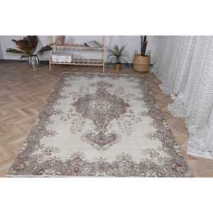 พรมวินเทจ ขนาด 5x8.7 ฟุต พรมสีเทาแบบปะติดปะต่อ ทำจากขนสัตว์ - Product Image 1