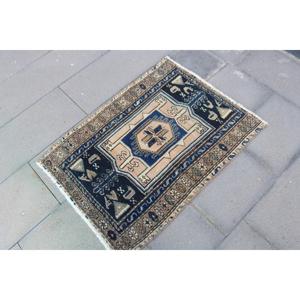 Alfombra Turca Pequeña de 2.2x3 pies (68x92 cm), Alfombra de Lana Azul Vintage con Diseño Floral - Product Image 3