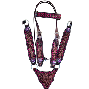 Headstall et cuirasse en cuir de la meilleure qualité avec des coutures de couleur rose - Product Image 1