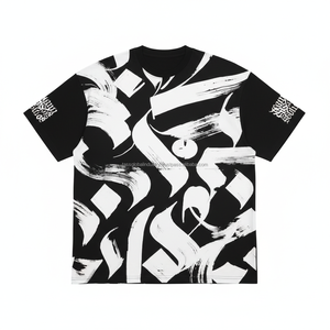 T-shirt pour homme imprimé graffiti, calligraphie abstraite blanche sur noir, coupe oversize à épaules tombantes, streetwear en coton, logo personnalisé OEM - Product Image 1