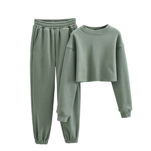 Top corto de algodón con cuello redondo de invierno para mujer y pantalones para correr, Conjunto de sudadera, chándal transpirable de talla grande para ropa de calle para correr - Product Image 1