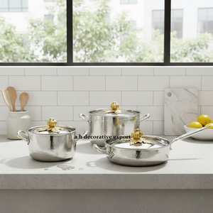 Ensemble de casseroles et faitouts en acier inoxydable martelé, robuste, écologique, compatible gaz et induction, finition dorée, forme citrouille - Product Image 1