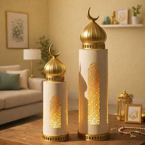Lanterne de Ramadan élégante en métal brun à étages avec dessus en forme de croissant, découpes complexes, lumière LED chaude pour la décoration festive de la maison et les cadeaux - Product Image 6