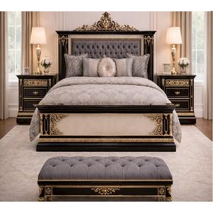 Juego de Muebles de Dormitorio de Madera de Estilo Europeo, Color Negro Real, Tamaño Completo, con Cabecera Acolchada Moderna y Mesitas de Noche, Personalizable, Estilo Londres - Product Image 1