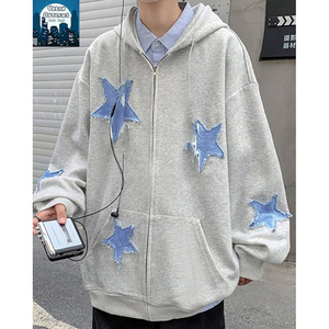 เสื้อฮู้ดซิปสีเทาแบบยูนิเซ็กซ์ แต่งดาวสีน้ำเงิน ทรงโอเวอร์ไซส์ ผ้าถักนิตติ้งลำลอง ใส่ได้ในฤดูใบไม้ร่วง - Product Image 3