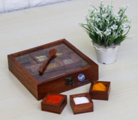 Boîte à épices en bois faite à la main 9 conteneurs avec couvercle en verre sur le dessus et cuillère boîte à épices en bois de Sesham