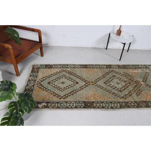 Vintage 3.3x8.6 ft <b>Runner</b> <b>Rug</b>, Turkish <b>Rug</b>, Brown Check <b>Rug</b> - Product Image 4