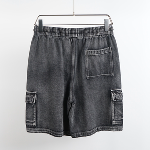 Pantalones cortos de algodón vaquero de sarga informales para fitness para hombre, dobladillo con cordón y cremallera, malla de carga multibolsillo, ropa de calle ecológica sólida - Product Image 3