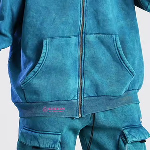 เสื้อฮู้ดดี้ผู้ชายทรงโอเวอร์ไซส์ ย้อมสีแบบ Garment Dyed ซิปหน้า สีพื้น ผ้าฝ้ายเฟรนช์เทอร์รี่ สวมใส่สบายๆ สำหรับฤดูใบไม้ร่วง - Product Image 5