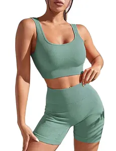 Ensembles de yoga écologiques pour femmes OEM, 2 pièces, haut court à col carré, short de cycliste taille haute, vêtements de yoga sans couture - Product Image 1